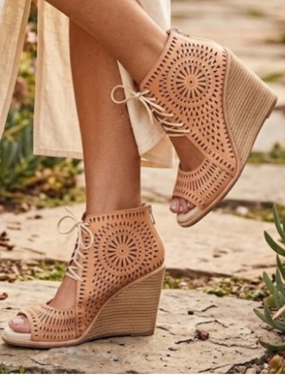Jeffrey Campbell  Lace-Up Cutout Peep-Toe Heels in Beige